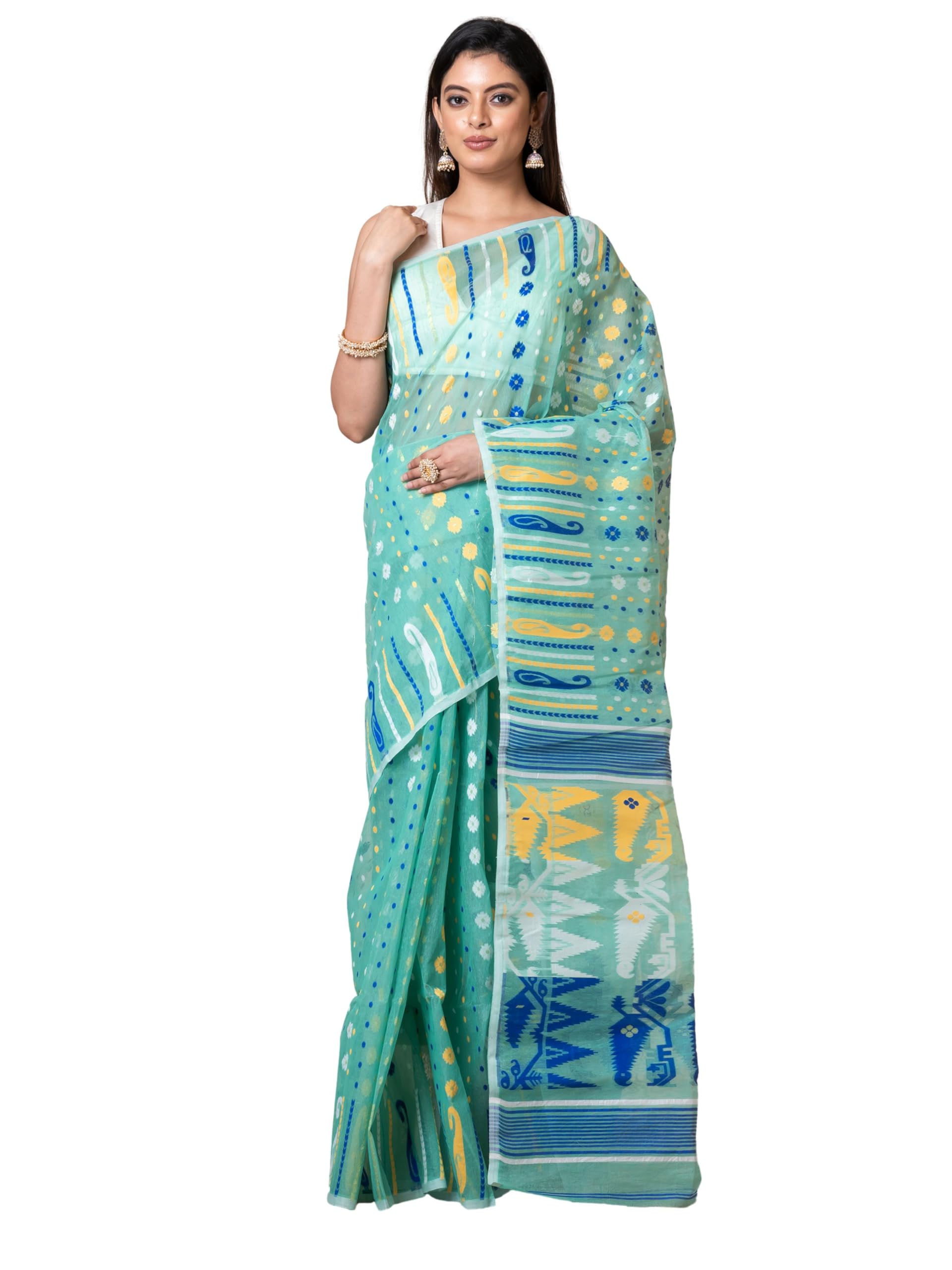 Aishwarya Sarees Women's Jamdani Cotton Sarees For Women Soft Dhakai Jamdani Bengal Pure Handloom Saree for Women. dhakai jamdani Sarees for women (Sea Green)