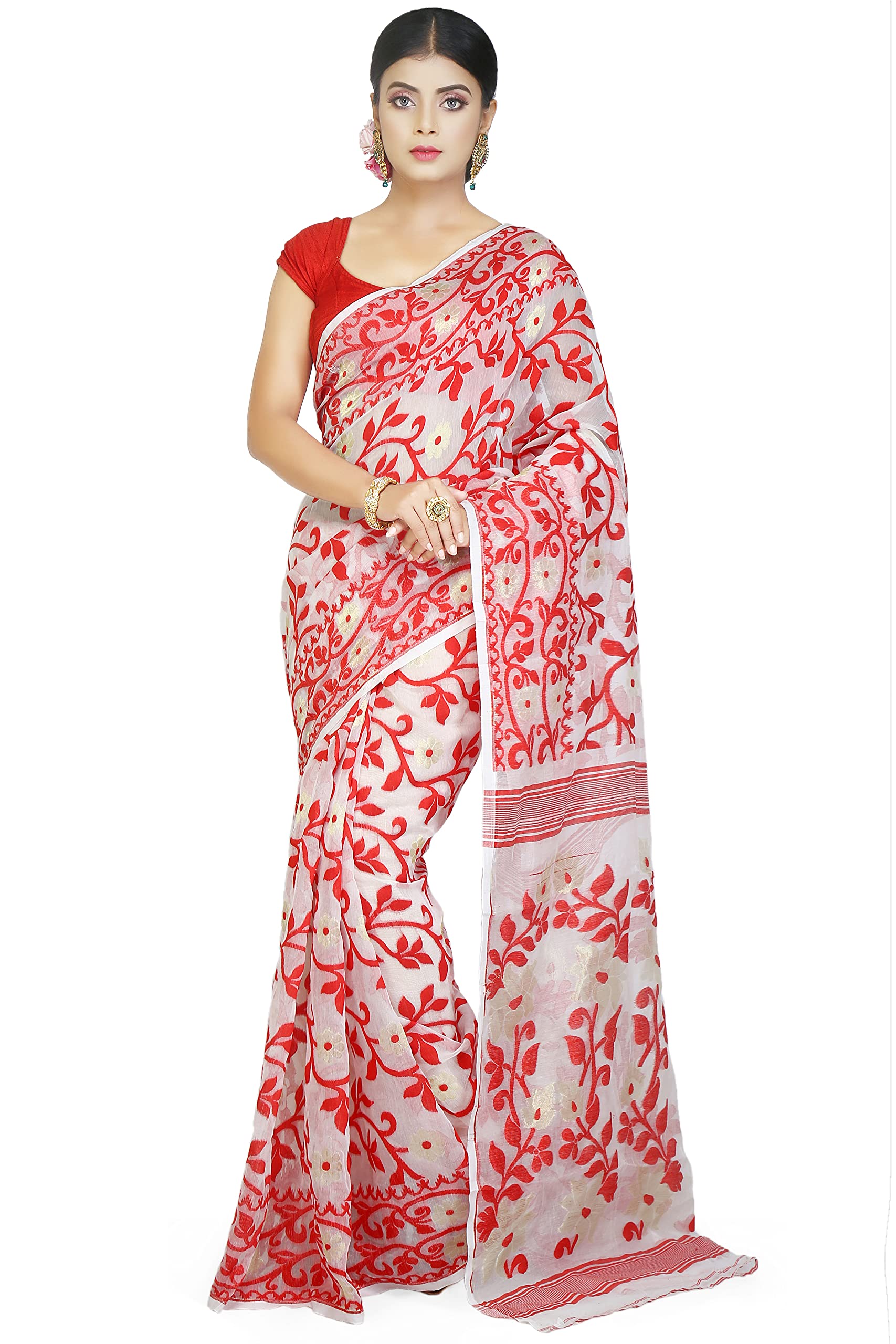 BENGAL HANDLOOM Exclusive Women's Cotton Silk Dhakai Allover Soft Jamdani Saree, Pink