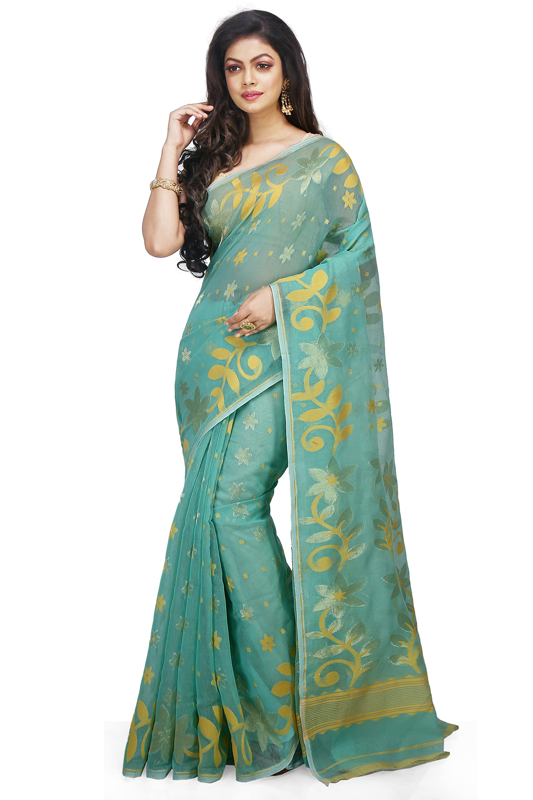 BENGAL HANDLOOM Women's Cotton Silk Flower Dhakai Allover Soft Jamdani Sarees, Blue