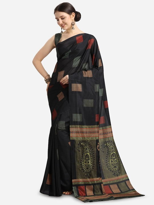 Black & Green Ethnic Motifs Fusion Saree