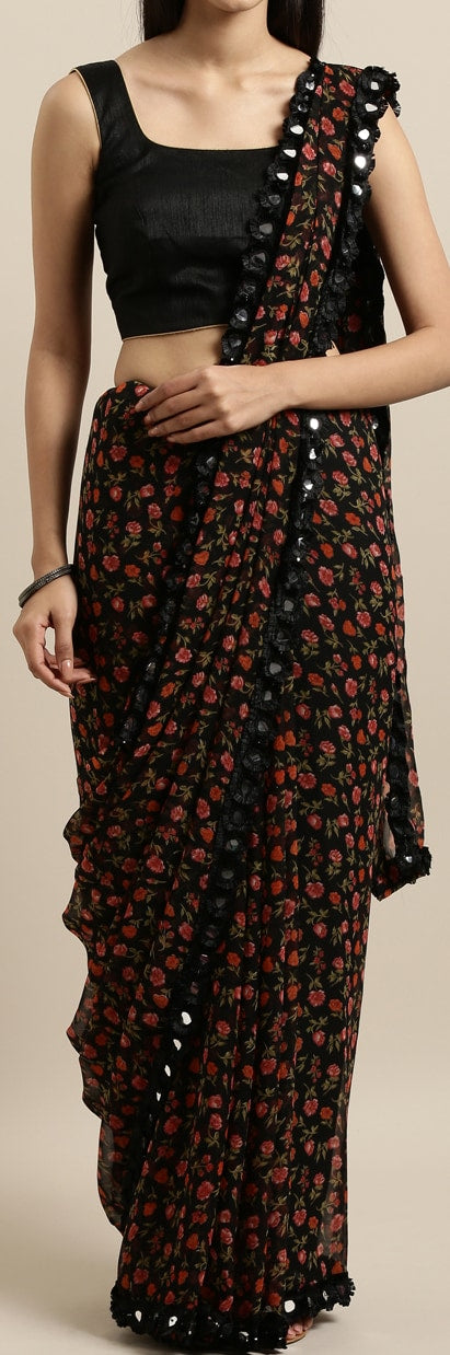 Black & Red Poly Georgette Printed Saree