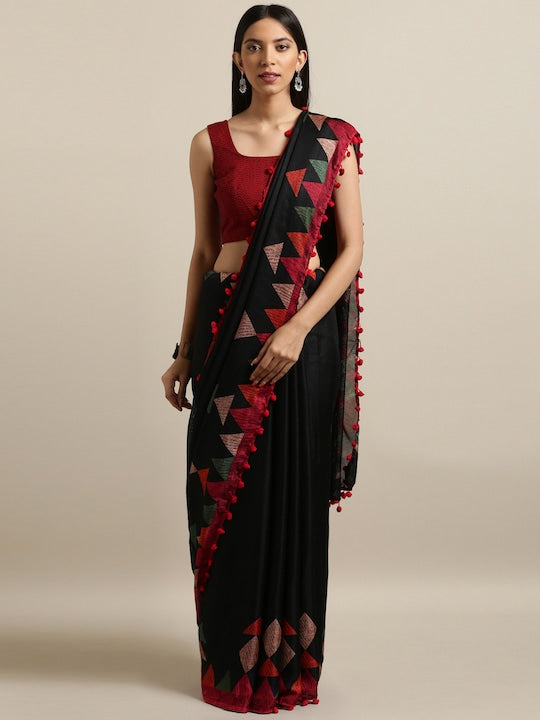 Black & Red Polycotton Printed Saree