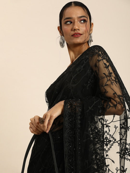 Black Floral Embroidered Net Saree