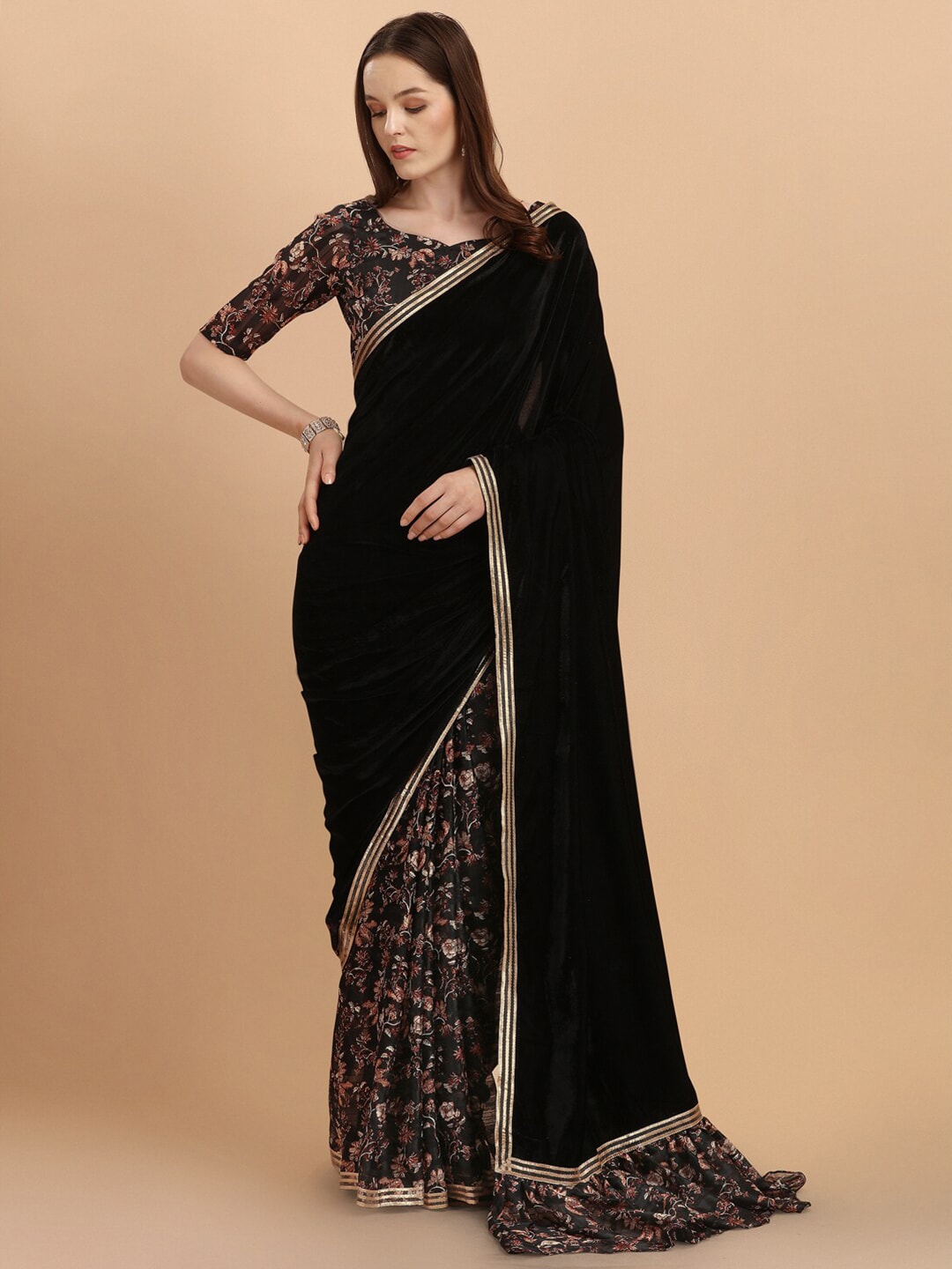 Black Floral Gotta Patti Velvet Saree