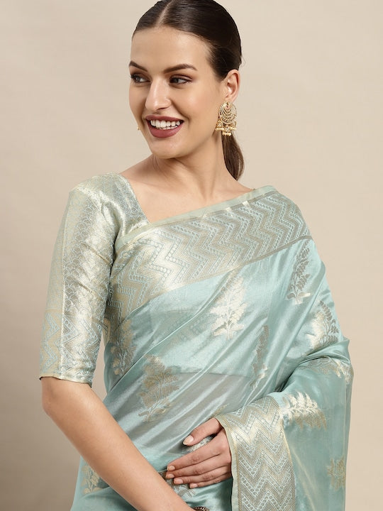 Blue & Gold-Toned Ethnic Motifs Zari Organza Kanjeevaram Saree