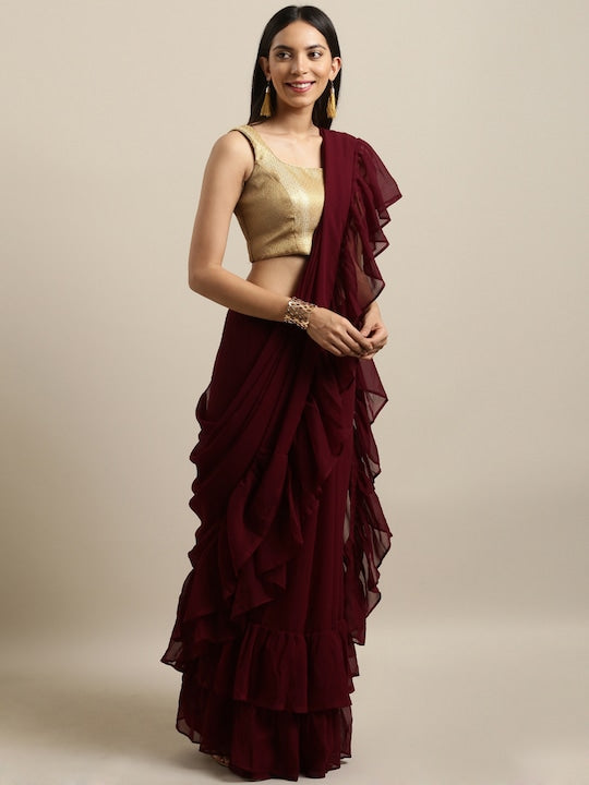 Burgundy Solid Poly Georgette Ruffled Saree