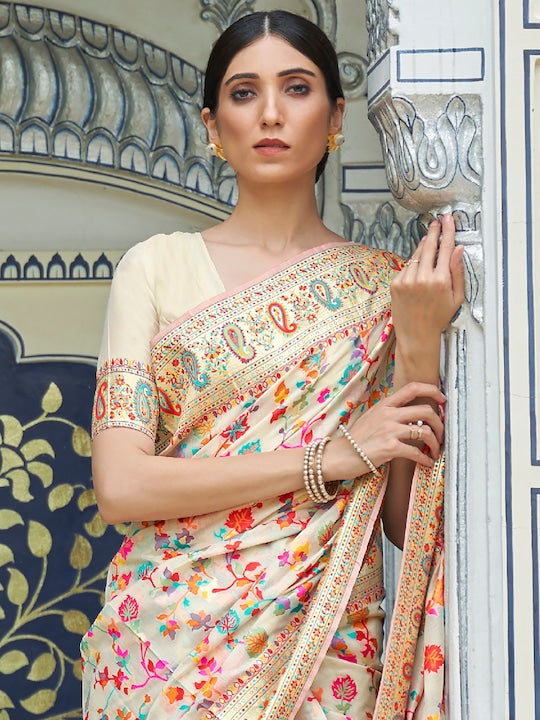 Cream-Coloured & Red Floral Silk Blend Saree