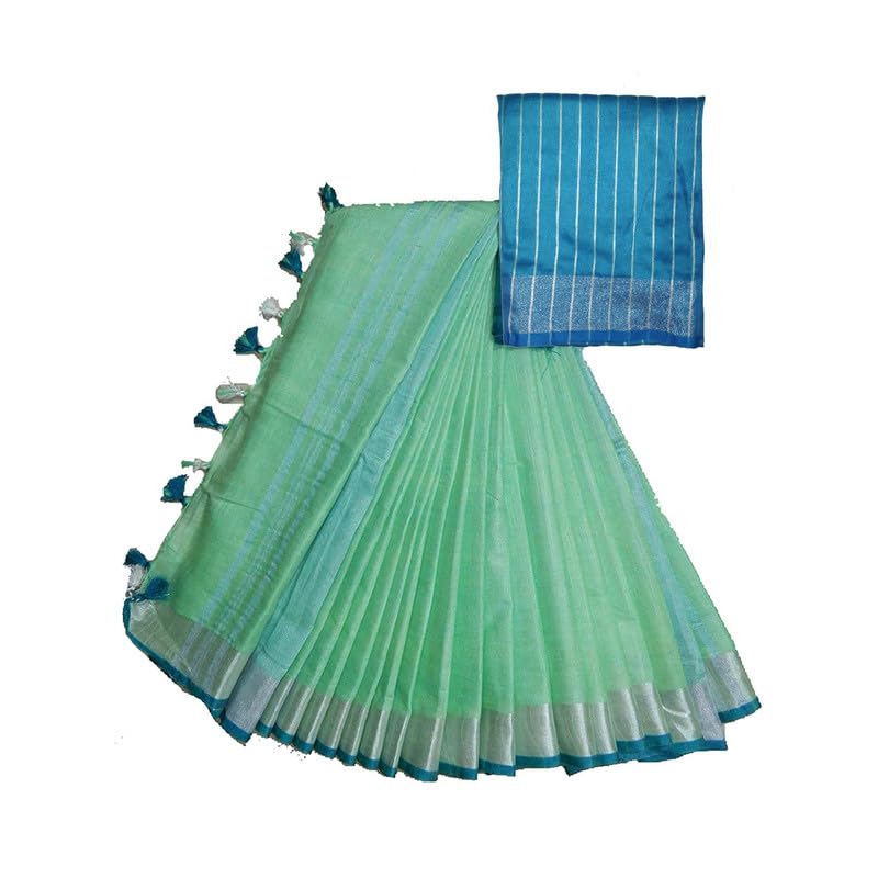 Daulas | Women's Handloom Linen Cotton Blend Bhagalpuri Saree With Zari Border and Striped Blouse Piece_Free Size (11997 Silver-Light Green-Cyan)