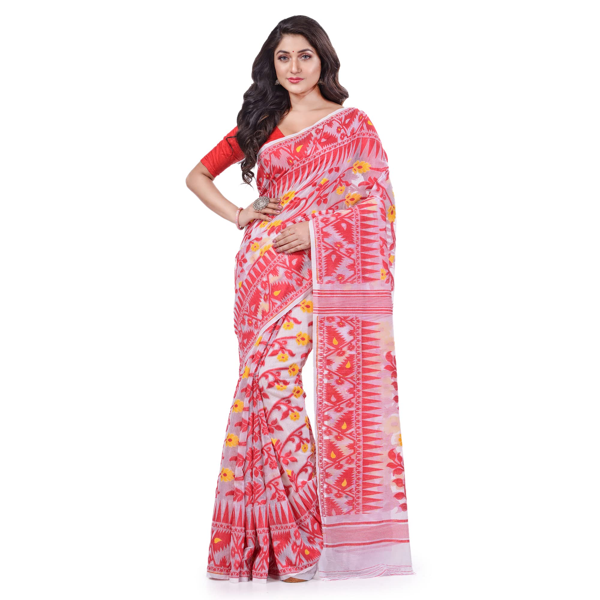 Db Desh Bidesh Women's Jamdani Cotton Saree Without Blouse Piece (Db220622Jamdanitant_Plum Jam White)