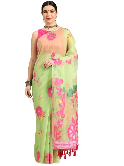Enthone Women's Pure Cotton Jamdani Saree - Green