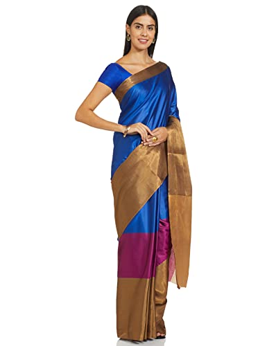 Gosriki Women's Cotton Saree With Blouse Piece (ORI-BLUE-GREEN_Blue & Green_Free Size_Multicolor)