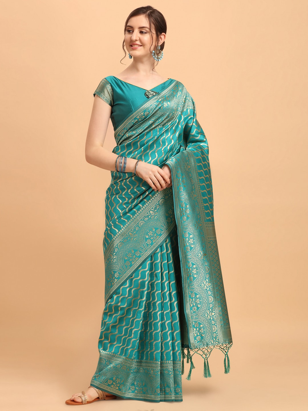 Green & Gold-Toned Silk Blend Fusion Leheriya Saree