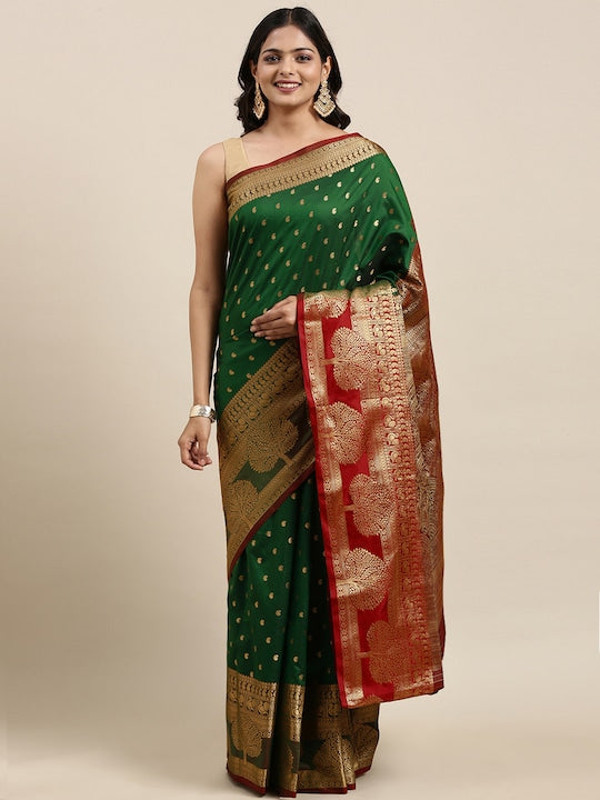 Green & Gold-Toned Woven Design Zari Silk Cotton Banarasi Saree