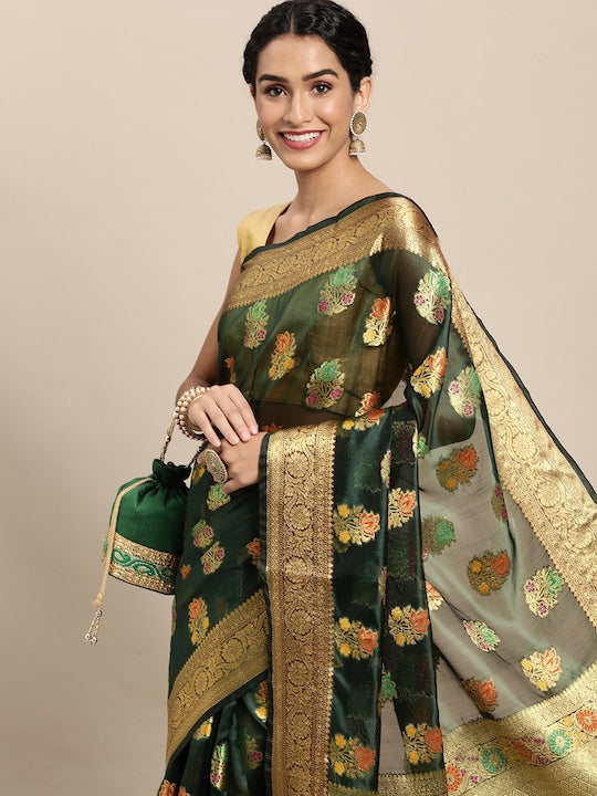 Green Floral Zari Organza Kanjeevaram Saree