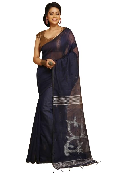 Handloom Jamdani Work With sequence Saree With Blouse Piece (Navy Blue)