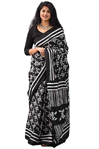 INAYA HAND BLOCK Printed Cotton mulmul Sari With Blouse Piece (MULTI-CO LOUR_Free Size)