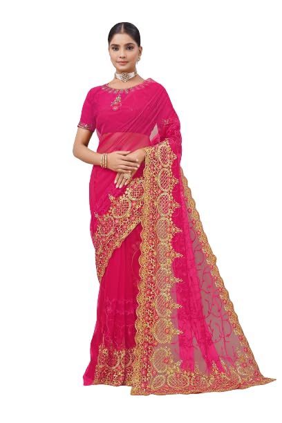 KHRITI FAB Women's New Embroidery Net Sari With Unstitched Blouse Piece(Free Size) (Gajari)