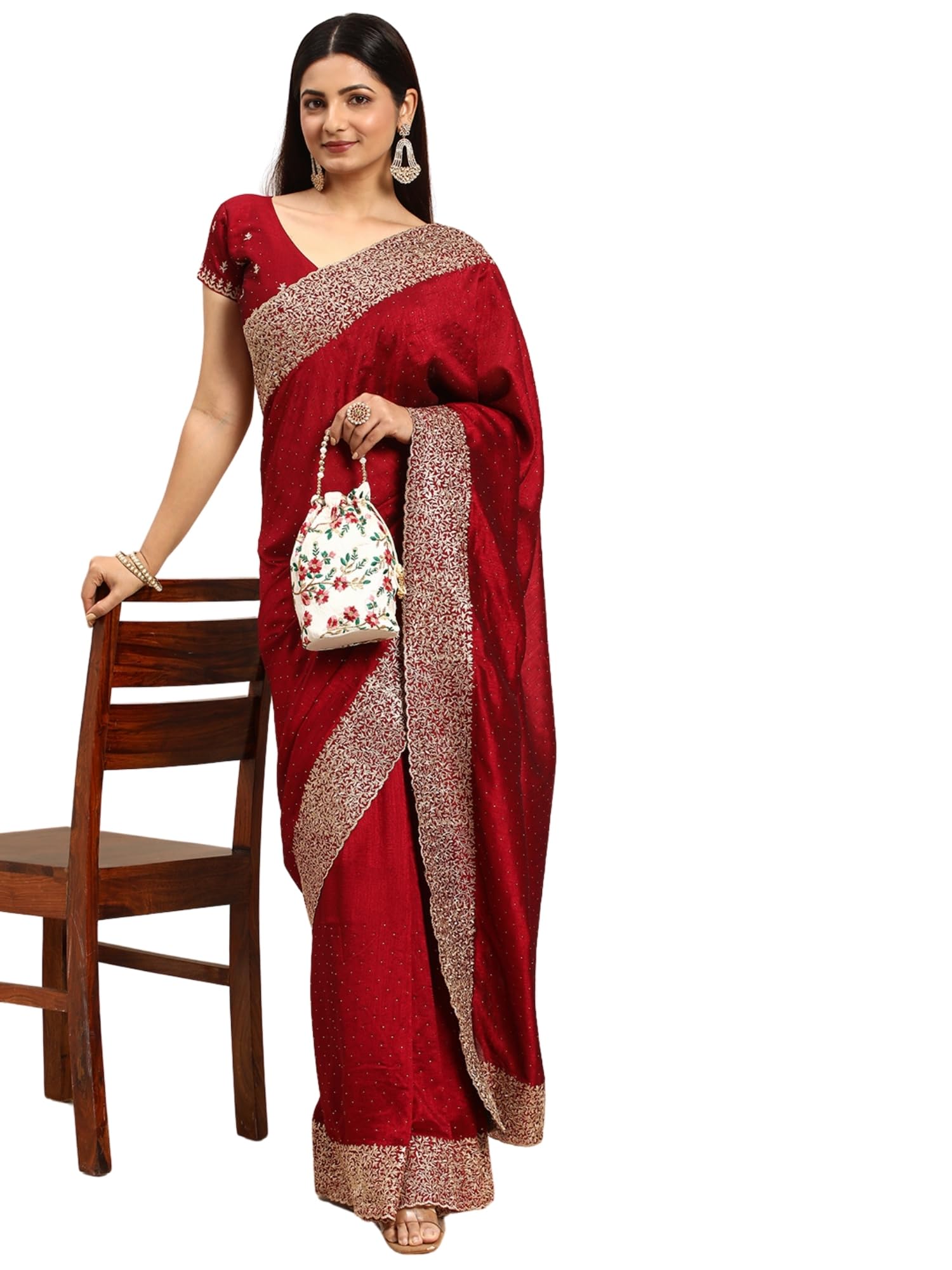Kasee Women Embroidered Saree with Blouse Piece(Cherry 1)