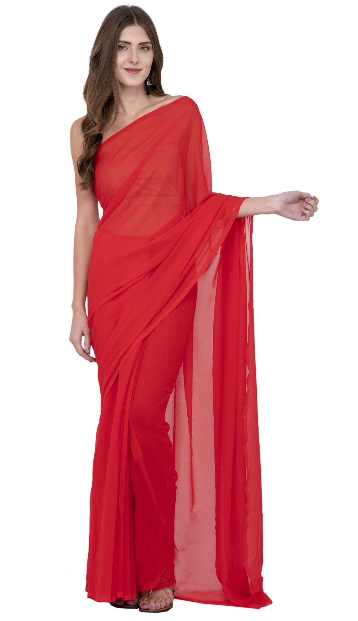 LIME Plain Georgette Red Saree With Blouse Piece For Women (Free Size)