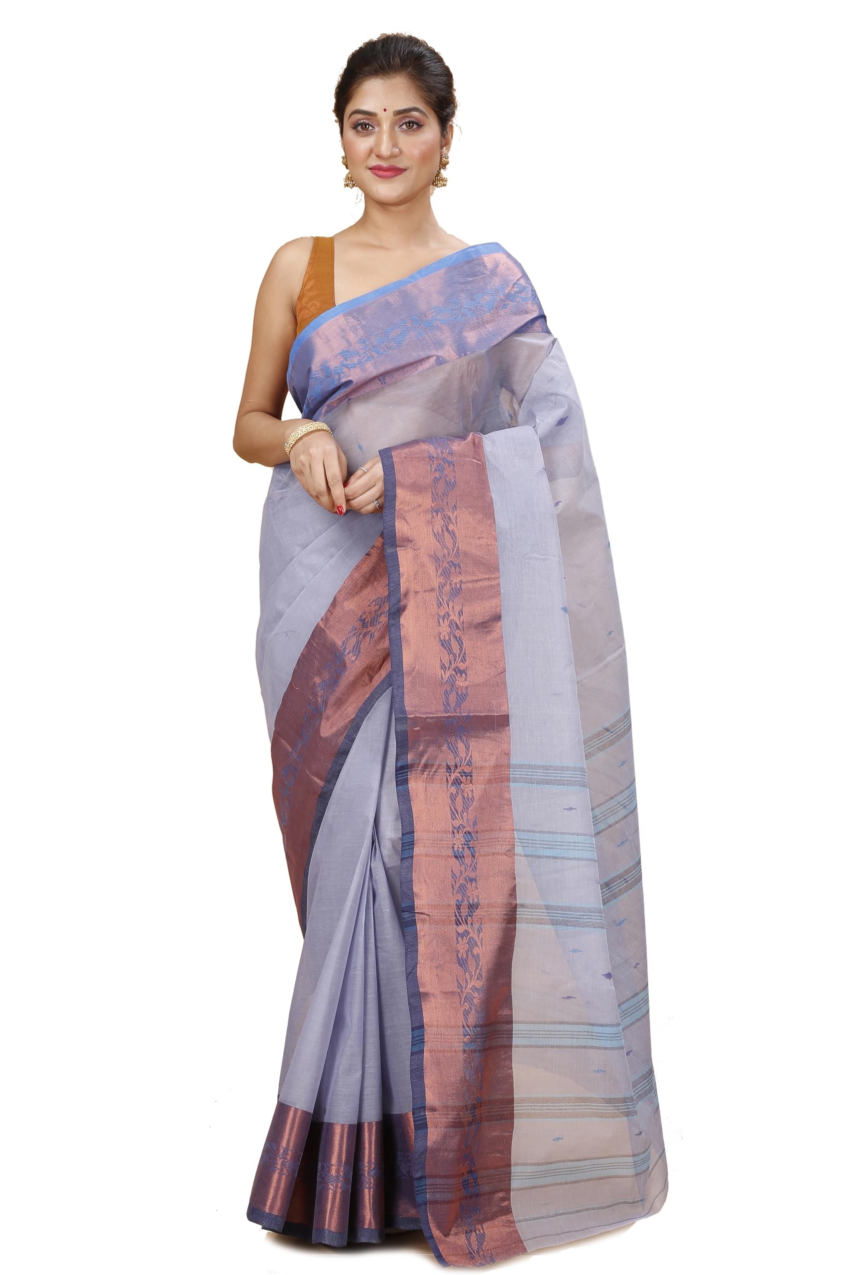 Laxmi Handloom Women's Traditional Bengal Tant Handloom Pure Cotton Tangail Zari Border Saree without Blouse Piece (Grey)
