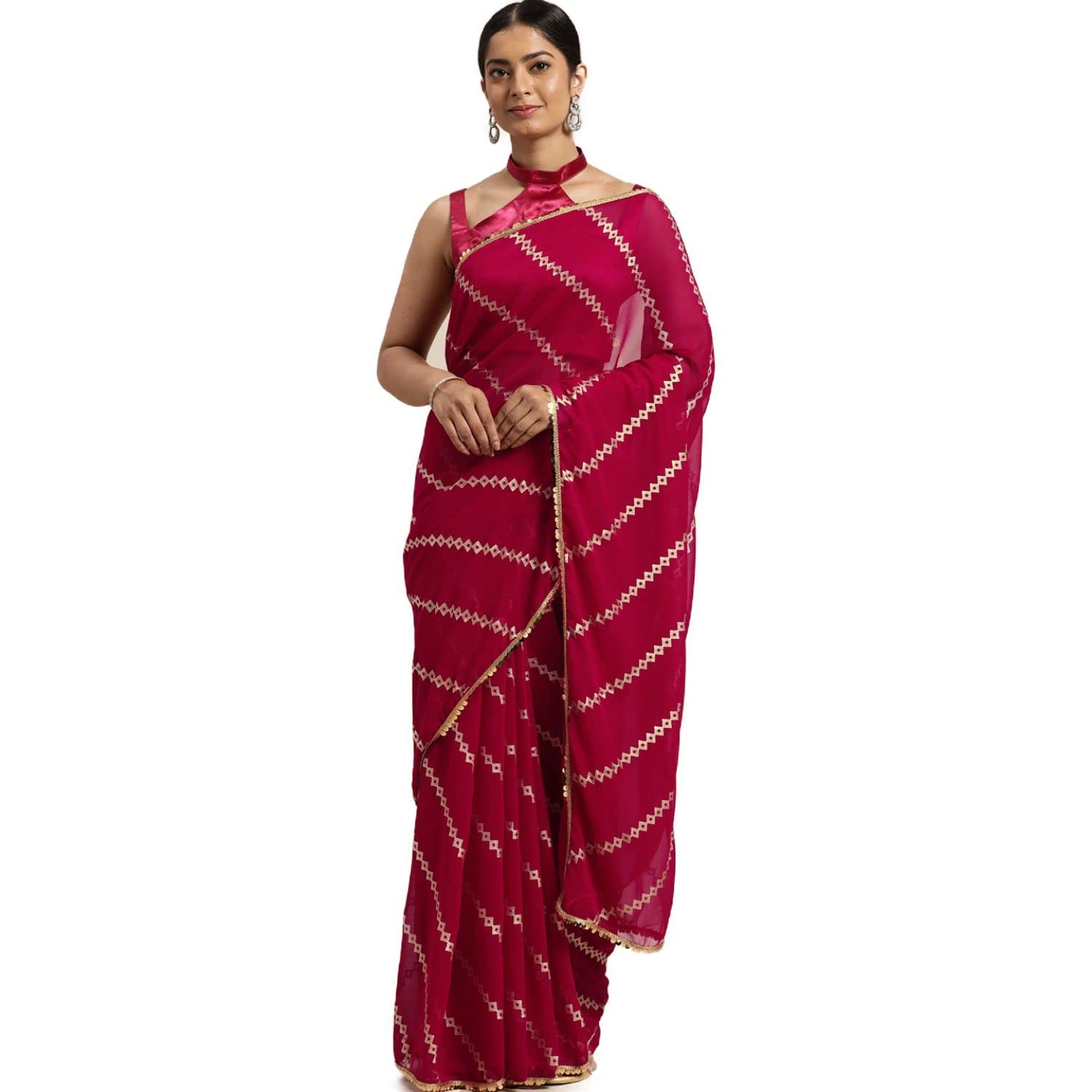 Looks 18 Women's Geometric Print Pure Georgette Saree With Blouse Piece (Georgette-Pink-sari-0222-Free-Size_Pink)