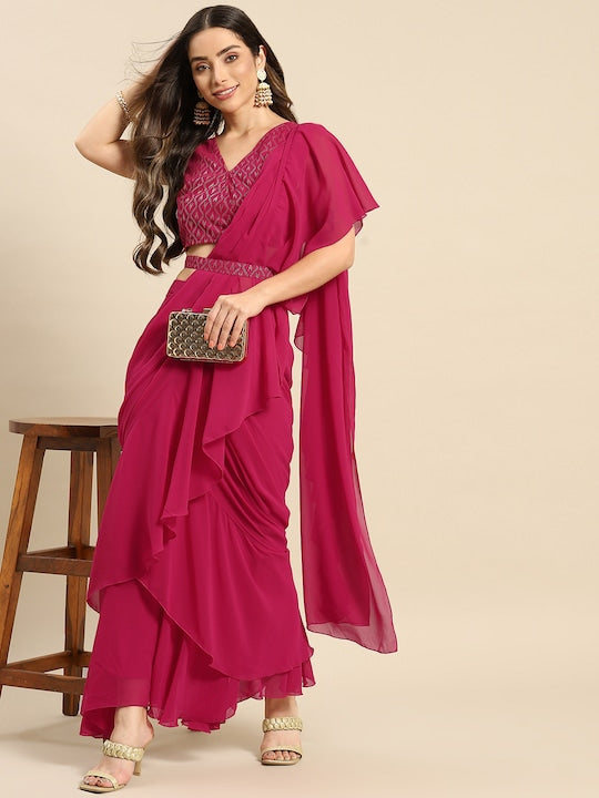 Magenta Ruffled Ready To Wear Saree