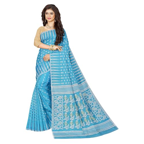 Mayabi Women's Sky Blue Dhakai Jamdani Bengali Tant Saree with temple Border with All Over Mina Work