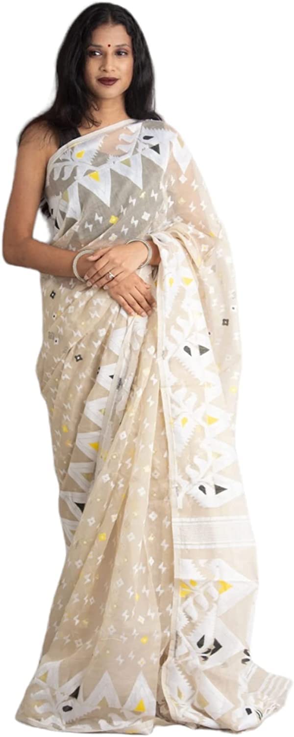 Moumita's Saree Women's Traditional Bengal Cotton Silk Soft Jamdani Saree (Yollow), Yellow