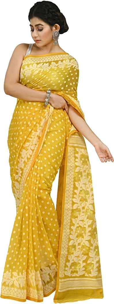 Moumita's Saree Women's Traditional Bengal Handloom Cotton Jamdani Saree, (MS_Yellow_175)