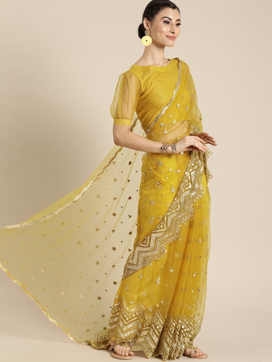 Mustard Yellow & Gold-Toned Net Embroidered Saree