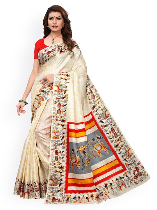 Off-White Khadi Silk Printed Khadi Saree