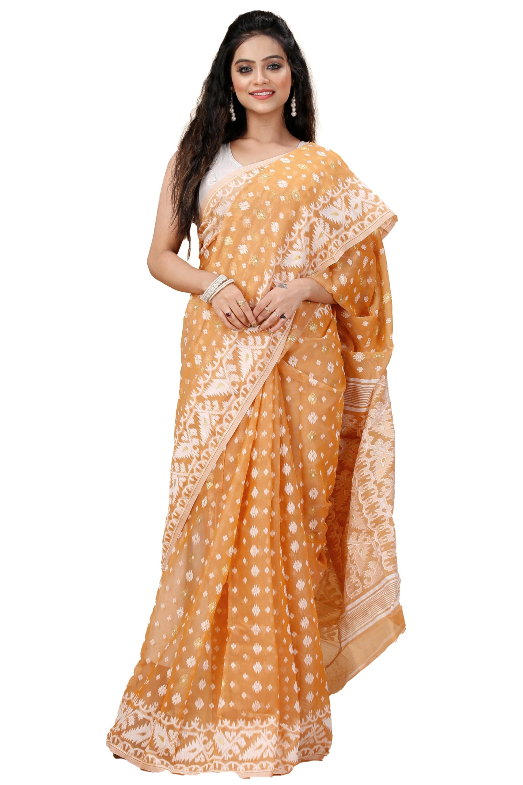 Oishani Saree Ghor Women's Traditional Bengal Cotton & Silk Soft Jamdani Saree - Beautiful Pallu Design Work - 5.5 metres Saree Without Blouse Piece_Pale Yellow
