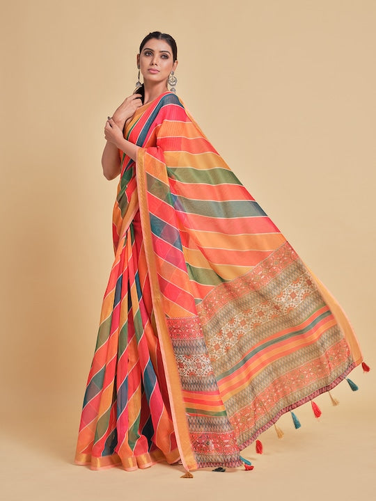 Orange & Green Printed Pure Cotton Saree