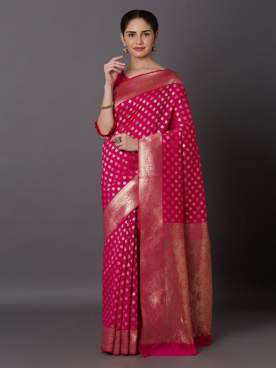 Pink & Gold-Toned Silk Blend Woven Design Kanjeevaram Saree