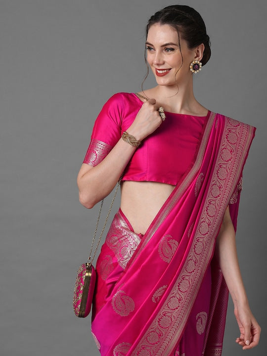 Pink & Silver-Toned Paisley Zari Silk Blend Banarasi Saree
