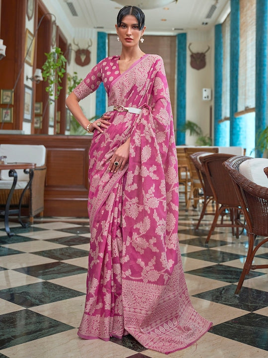 Pink & White Woven Design Linen Blend Muga Saree