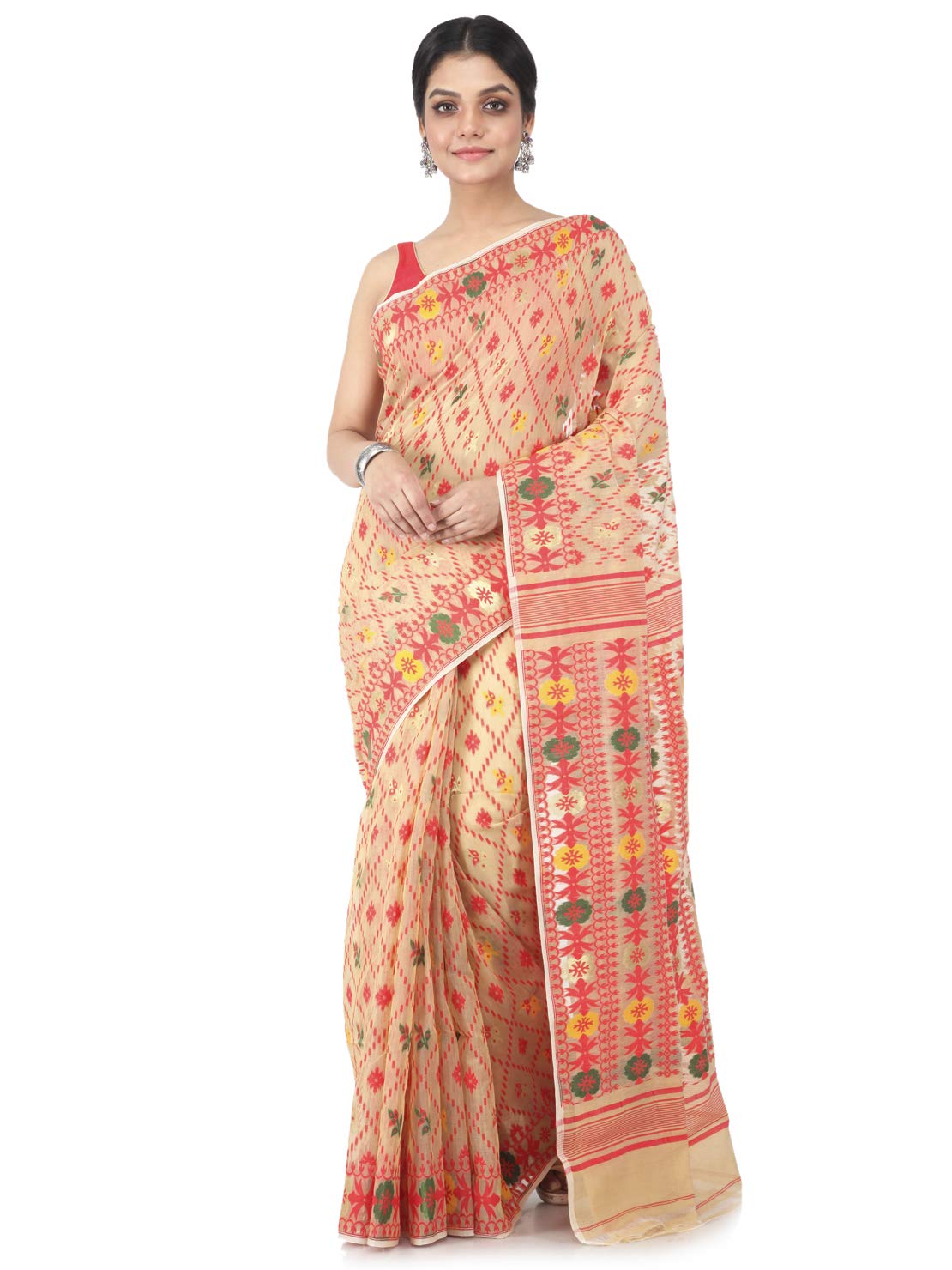 PinkLoom Women's Soft Cotton Jamdani Saree Without Blouse Piece, Blue, Gb166