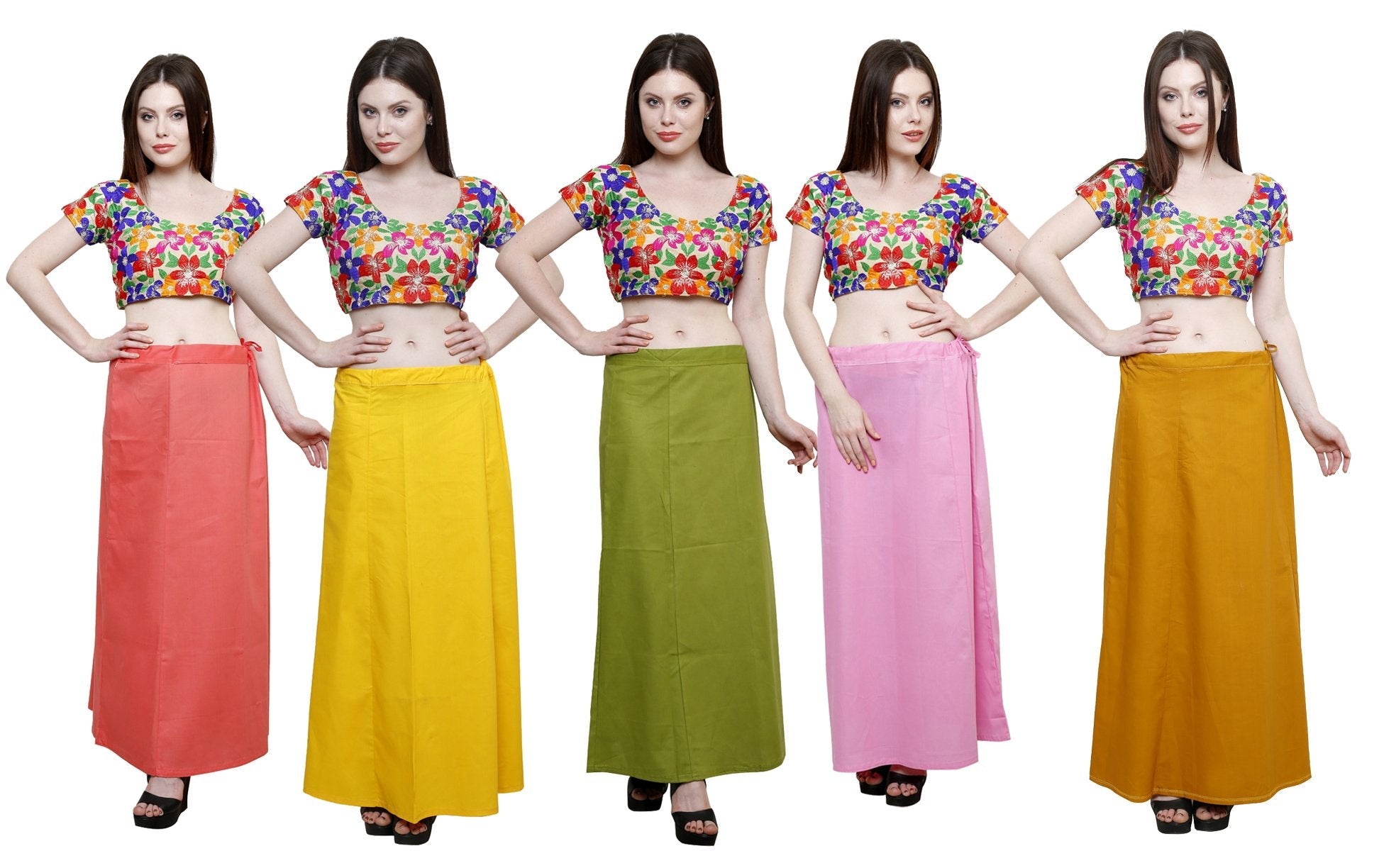 Pistaa's Women's Cotton Saree Petticoat (Peach, Yellow, Mehendi Green, Pastle Pink and Mustard, Free Size) - Pack of 5