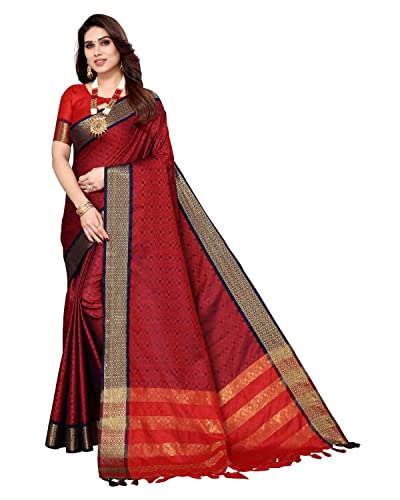 Priyashi Women's Woven Cotton Silk Saree with Unstitched Blouse Piece(LAVANYA Maroon_Free Size) 1
