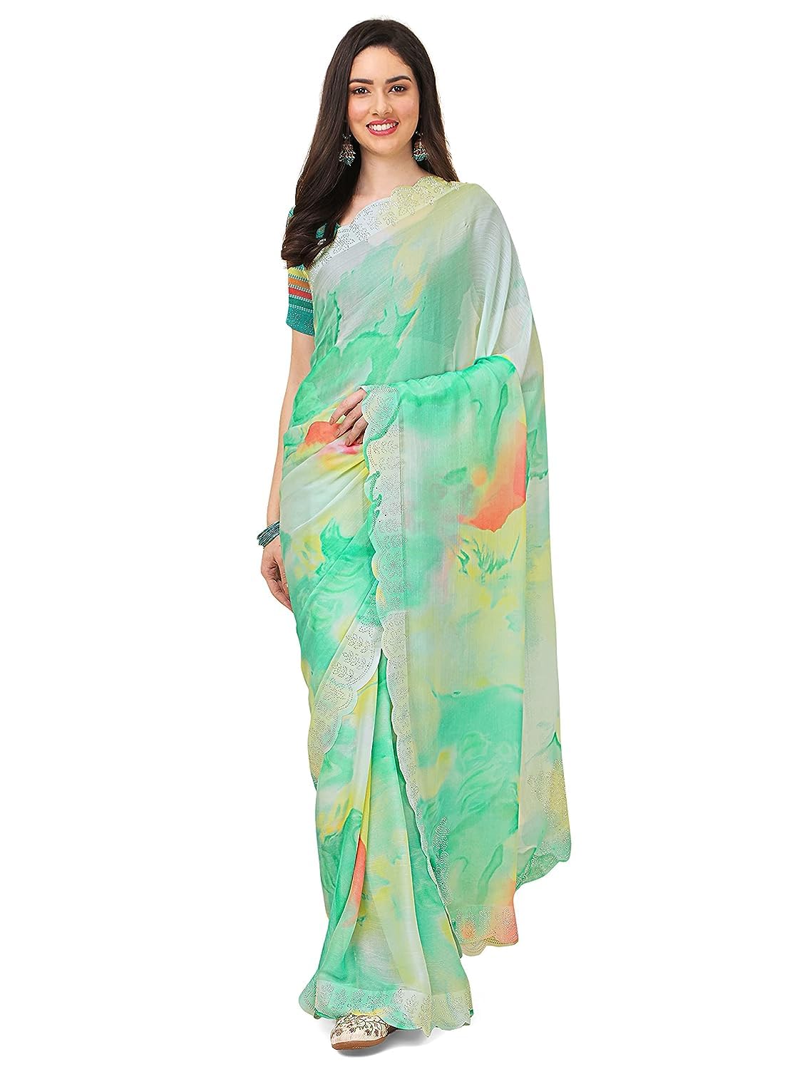 RAJESHWAR FASHION WITH RF Women's Colorblock Printed Chiffon Sarees For Women With Diamond Scalloping & Digital Print Blouse(Turquoise_Multicolored_Free Size 6.30)