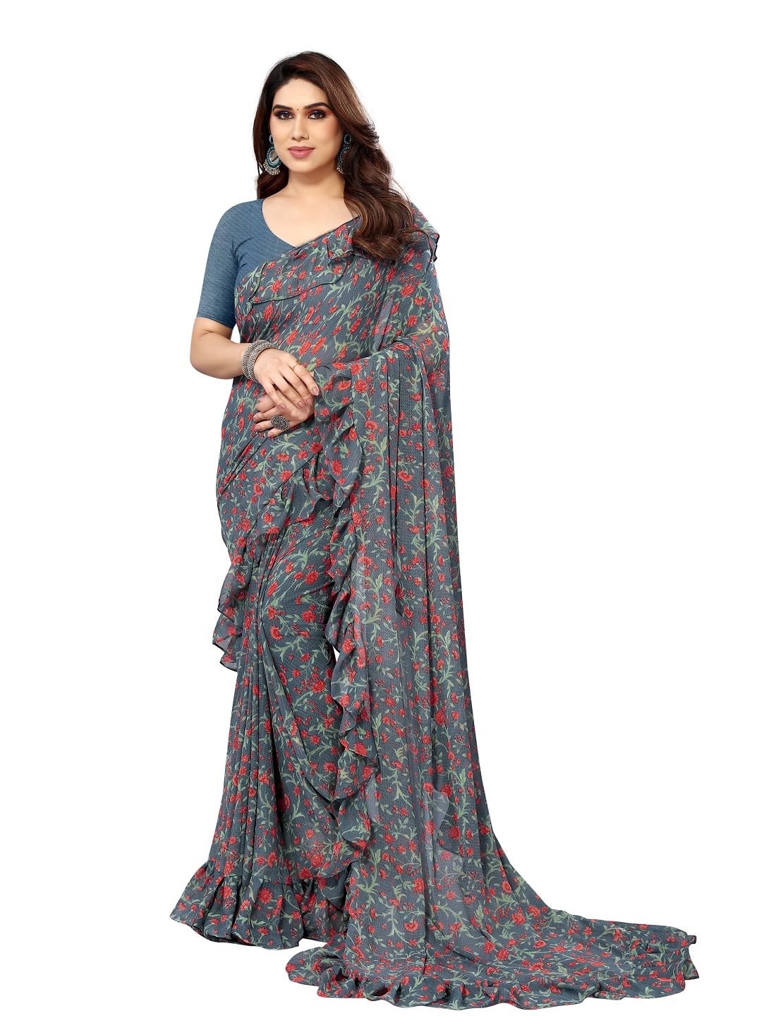 RAJESHWAR FASHION WITH RF Women's Fancy Floral Print Georgette Ruffle Saree for women Unstitched Piece(Bottel Green_Multicolored_Free Size 6.30 Mtr)