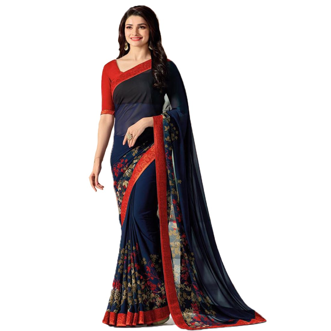 RAJESHWAR FASHION WITH RF Women's Floral Printed Georgette Sarees For Women With Jacquard Lace Border & Blouse(A15 BLUE GREEN NEW_Multicolored_Free Size 6.30 Mtr)