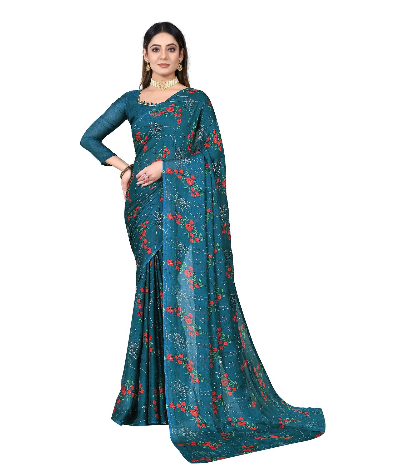 RAJESHWAR FASHION WITH RF Women's Stylish Chiffon Floral Foil Printed SareeWith BlouseSaree For Women (ISHA_GREEN ORANGE_Variation_Multicolored_Free Size 6.30)