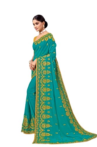 Radhe Radhey Women's New Net Embridered Sari With Unstitched Blouse (Free Size) (Firozi)