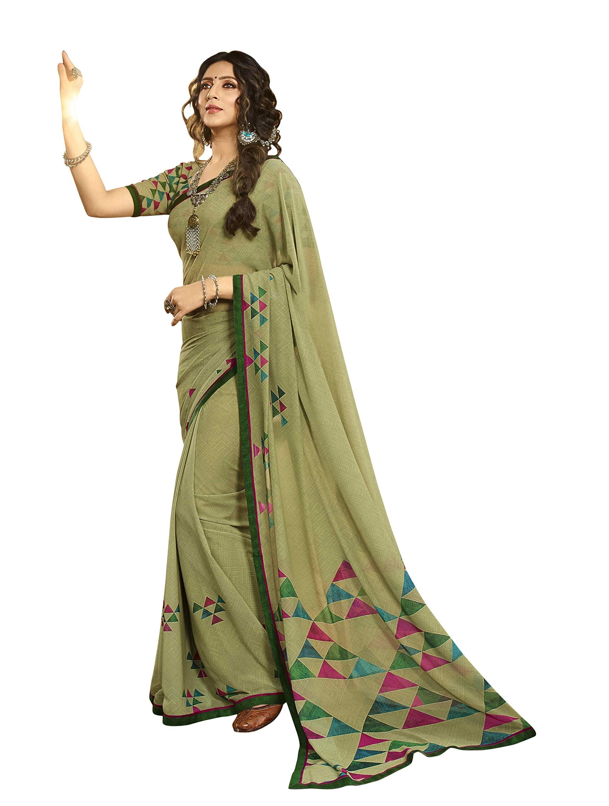 Rajeshwar Fashion With Rf Women's Georgette Printed Lace Work Saree With Blouse Piece (New,A15 Multicolored_Free Size)