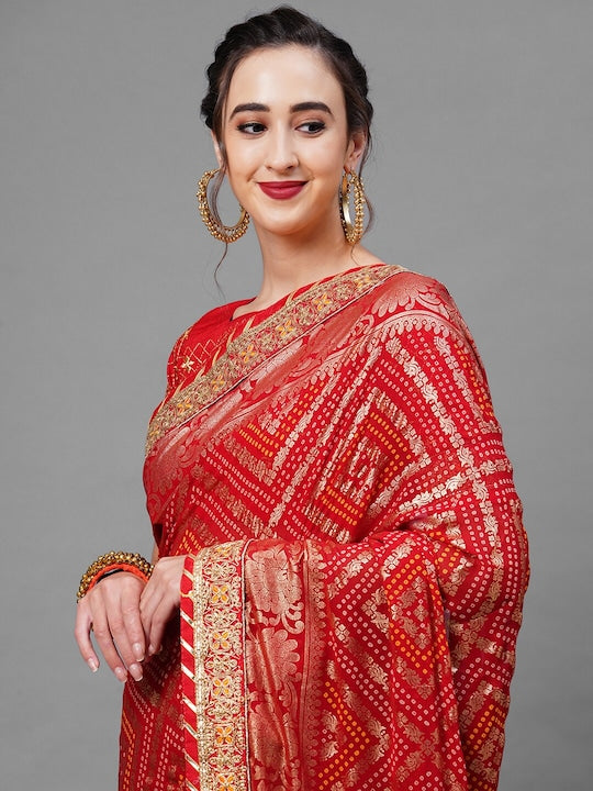 Red & Gold-Toned Woven Design Bandhani Saree