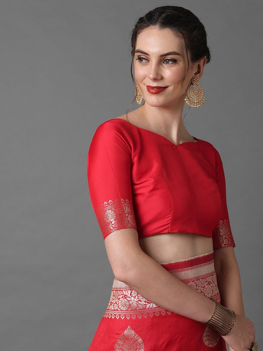 Red & Silver-Coloured Ethnic Motifs Zari Woven Design Silk Blend Banarasi Saree