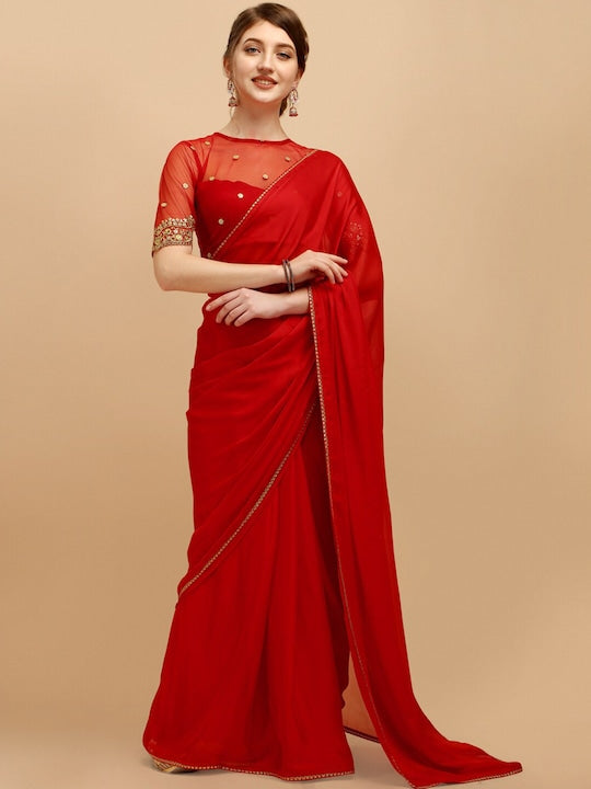 Red Silk Blend Embroidered Saree