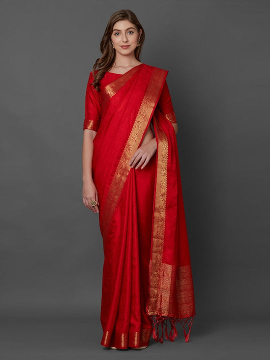 Red Solid Silk Blend Saree