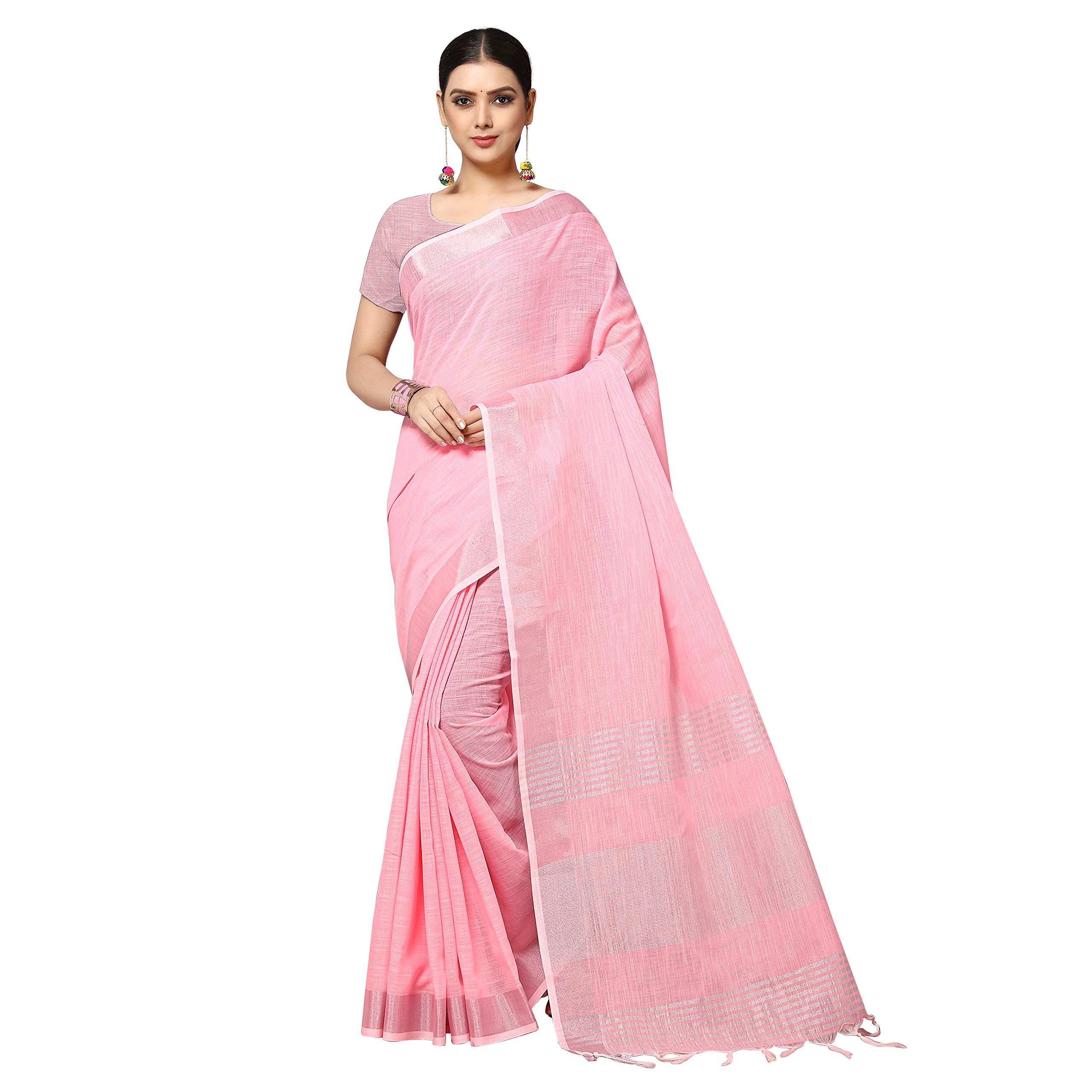 Rekha Maniyar Women's Jacquard Linen Saree With Unstitched Blouse Piece (SILVERLINEN_LIGHTPINK_NS)